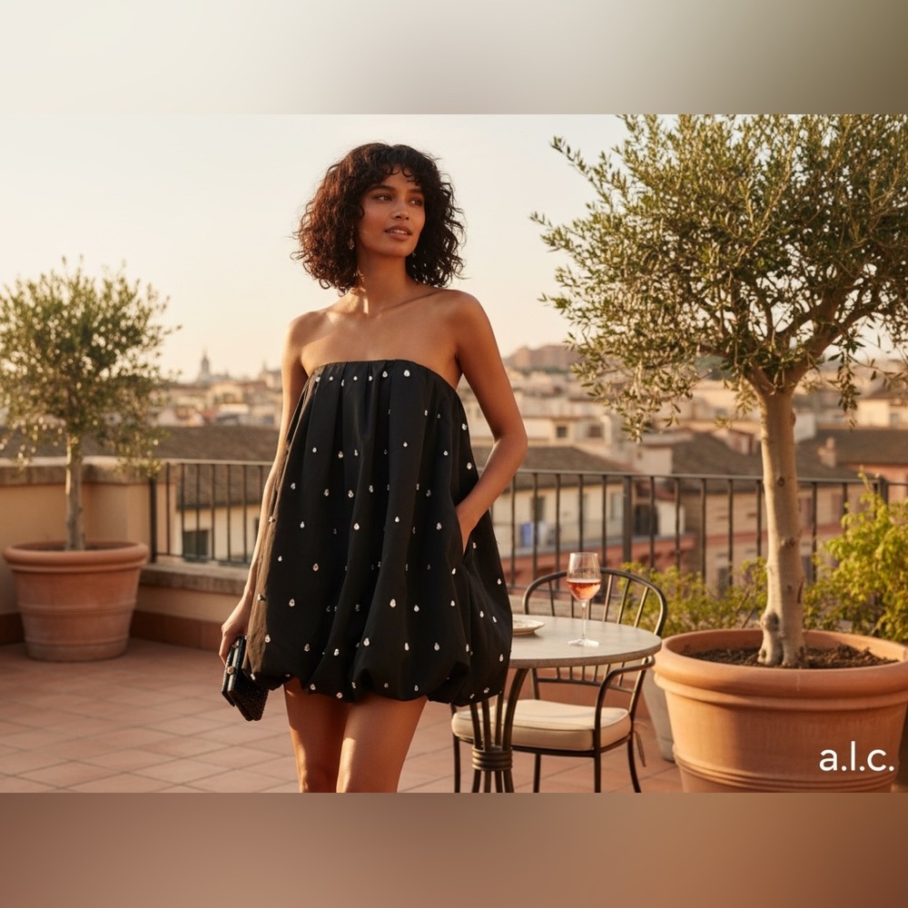 NWT A.L.C. Holly Crystal Embellished Strapless Bubble Hem Mini Dress Black Sz 6